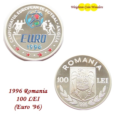 1996 Romania 100 Lei Silver Proof Coin - Euro 96
